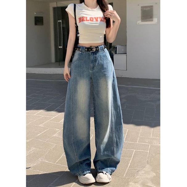 Wholesale American Retro High-waisted Straight Wide-leg Curved Jeans For Women, Spring Collection, Loose-fitting,_ecoleips.com