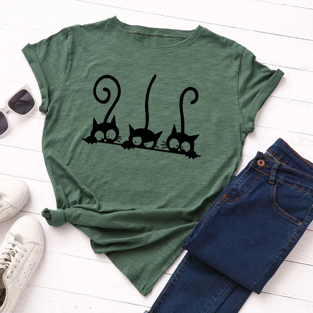 100% Cotton Women T Shirt New Cat Print T-shirts Female Short Sleeve Tees Tops Woman Summer Tshirt_ecoleips.com