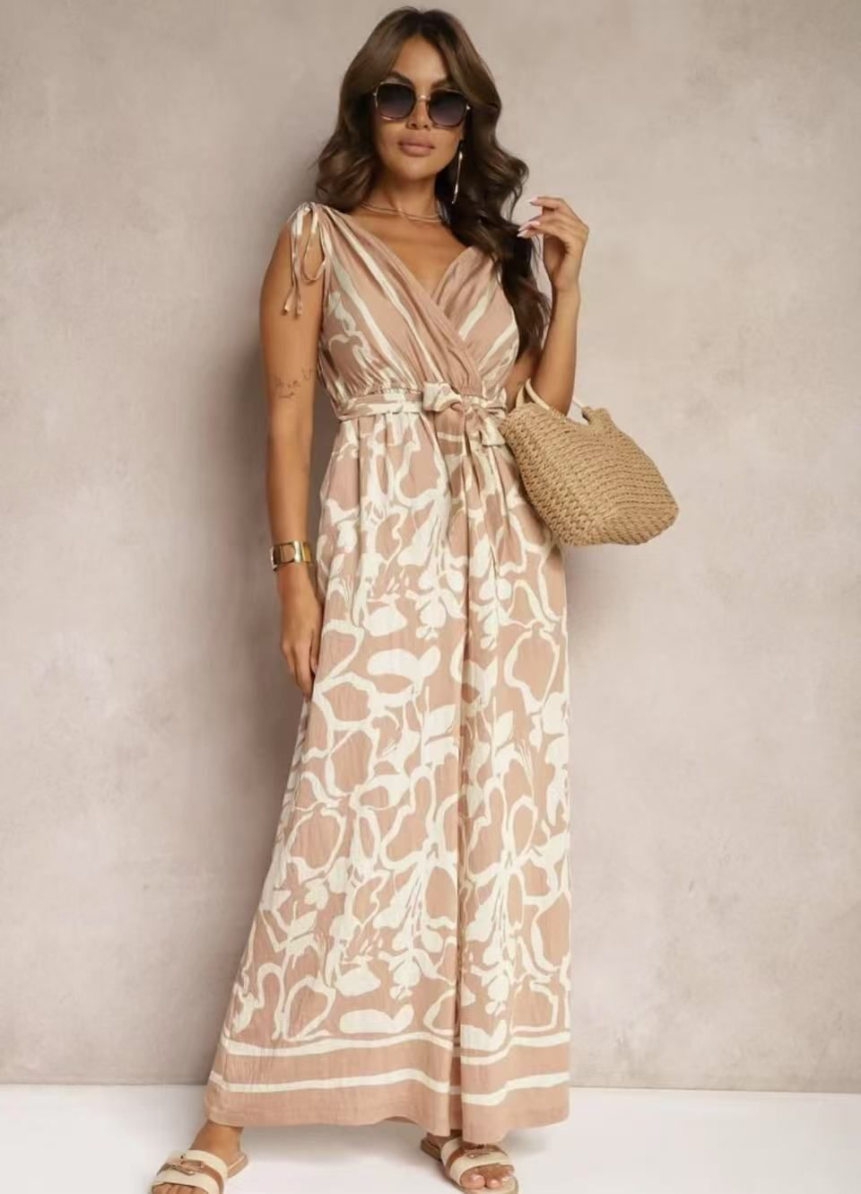 Summer Fashion Casual V Neck Sleeveless Jumpsuit Women's Printed Independent Store Trousers European And American_ecoleips.com