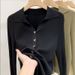 V-Neck Long Sleeve Knit Cardigan Women Elegant Casual Blouse With Contrast Trim, Slim Fit, Cotton Blend (Black/Beige/Khaki/Green/White/Oatmeal)"_ecoleips.com