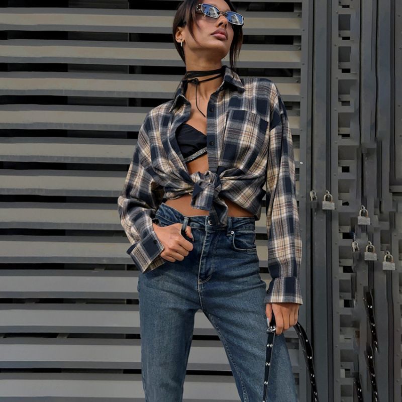 French Retro Plaid Shirt For Commuting, Casual Street Style, And Autumn/Winter Wear_ecoleips.com