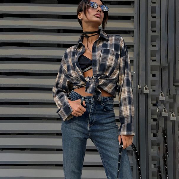 French Retro Plaid Shirt For Commuting, Casual Street Style, And Autumn/Winter Wear_ecoleips.com