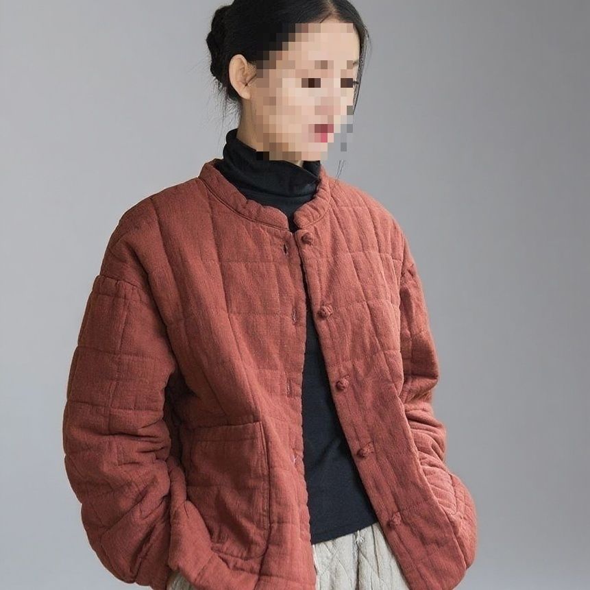 girl Women's Linen Quilted Stand Collar Button Jacket 2025 New Winter Fashion Artistic Personality Short Cotton Coat_ecoleips.com