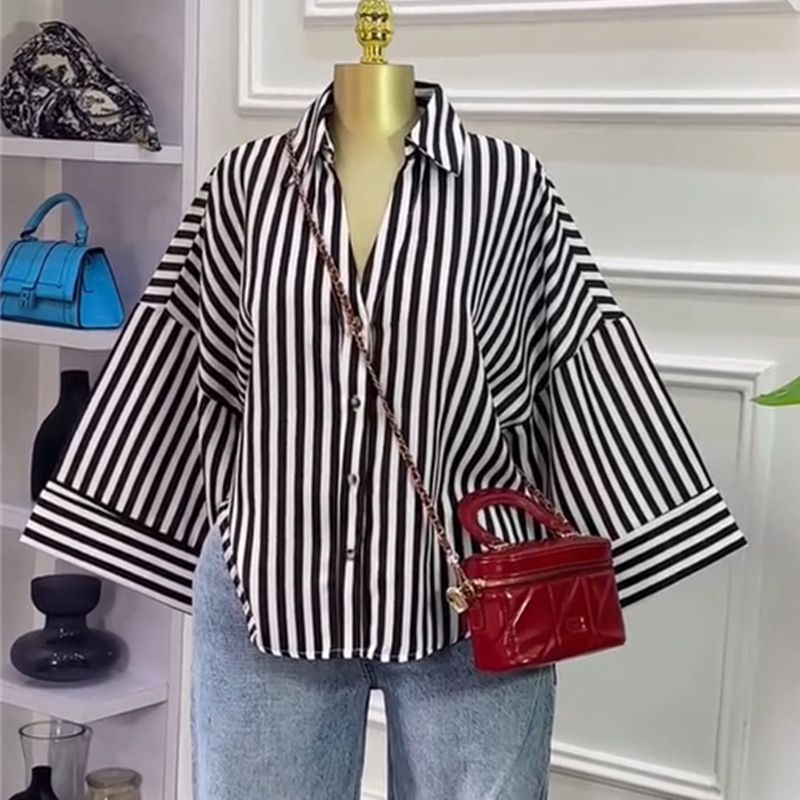 Women's Loose Fit Striped Collar Shirt Top - Sweet & Fashionable Casual Blouse For Autumn_ecoleips.com