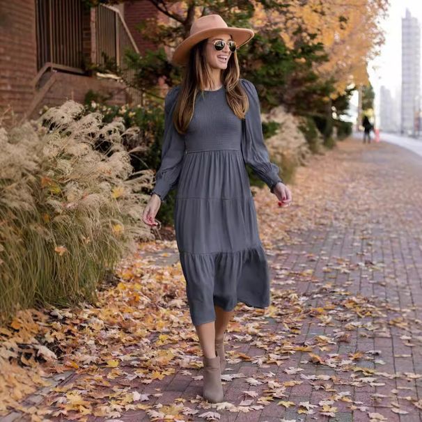 Cross-border 2025 Autumn European And American Women's Fashion Elegant Retro French Round Neck High Waist Gathered Dress_ecoleips.com