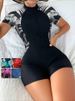 One Piece Floral Swimwear Swim Suit Women Short Sleeve Swimsuit Zip Front Tropical Plant Surfing Sun Protection(No Built-in Bra_ecoleips.com