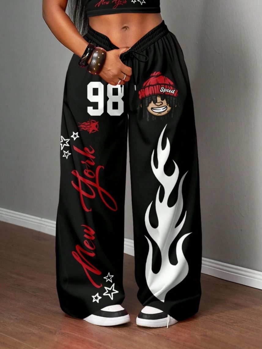 Women's Clothing Versatile Printed Long Pants Loose Waist Cinching Trendy Street Fashion_ecoleips.com