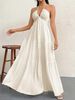 Off-Shoulder V-Neck Pleated Backless A-Line Summer Dress (Hawaii Beach / Tea Party / White Graduation Outfit)_ecoleips.com
