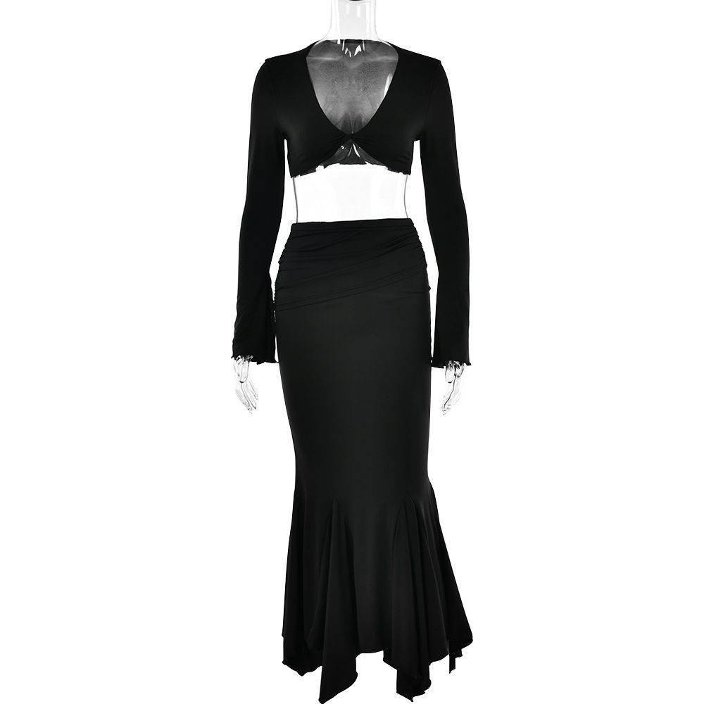 Women Trendy 2‑Piece Matching Set With Flared Sleeves, Cutout Waist & Mermaid Hem_ecoleips.com