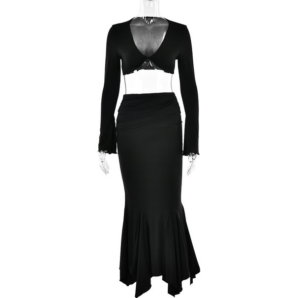 Women Trendy 2‑Piece Matching Set With Flared Sleeves, Cutout Waist & Mermaid Hem_ecoleips.com