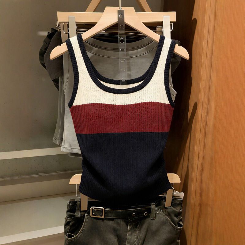 Korean Retro Color-Block Sleeveless Top - Stretchy Knit Camisole With Breathable Polyester Blend, Slim Fit Casual Wear For Women_ecoleips.com