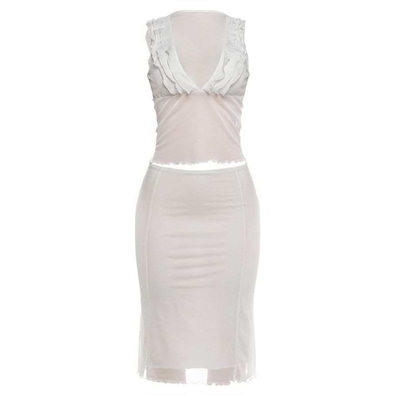 Summer Women's Slim Fit V Neck Sleeveless Vest And Skirt Set In Solid Color Style Sexy Mesh Outfit_ecoleips.com