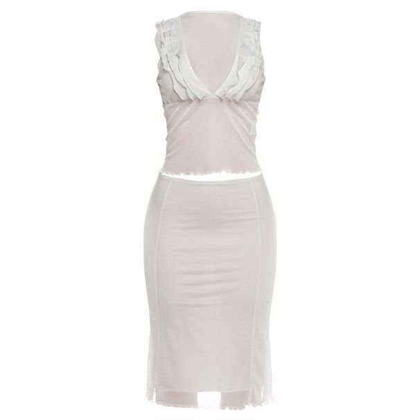 Summer Women's Slim Fit V Neck Sleeveless Vest And Skirt Set In Solid Color Style Sexy Mesh Outfit_ecoleips.com