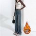 High-waisted Denim With Leather Label Design For Women, Fleece-lined, Wide-leg, Slimming, 2026 Winter New Style, Warm,_ecoleips.com