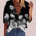 2024 Autumn New Seven-quarter Sleeve Lapel Print Temperament Short-sleeved Women's Shirt Base T-shirt_ecoleips.com