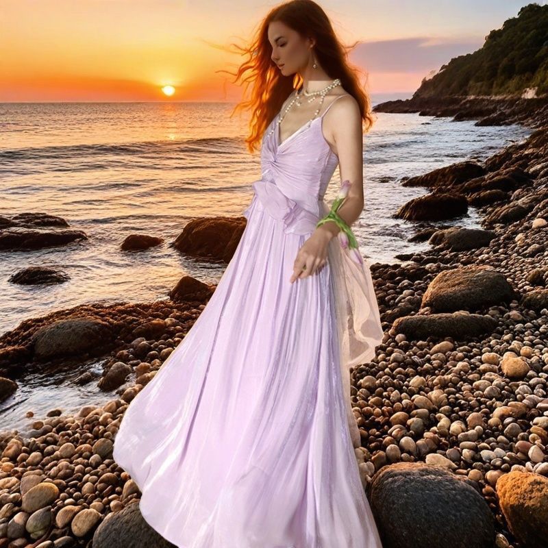 Women's Clothing V Neck Suspenders Female Purple Waist Slimming Niche Design Seaside Holiday Beach Dress_ecoleips.com