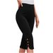 Summer High Waist Capri Pants for Women Elastic Slimming plus Size Loose Casual Leggings with Button Detailing_ecoleips.com
