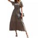 Women's Short Sleeve Round Neck Ruched Elastic Waist Layered Long Skirt Summer Bohemian Floral Flared Sundress_ecoleips.com