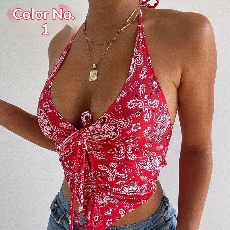 INS European And American 2024 Summer New Women's Halter Neck Backless Low-cut Printed Slim-fit Tank Top In Sweet Style_ecoleips.com