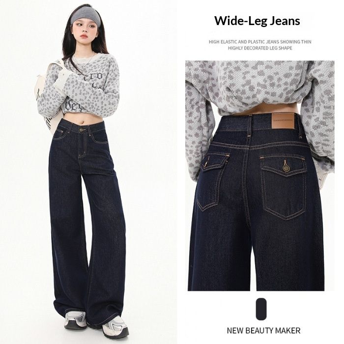 Retro Dark Blue Wide-leg Jeans For Women, 2024 Autumn High-waisted Loose Slimming Vintage Casual Drapey Floor-length_ecoleips.com