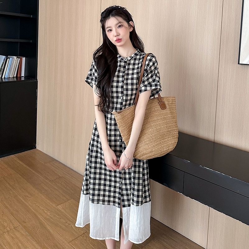 Summer New Korean Fashion Plaid Patchwork Maternity Dress_ecoleips.com