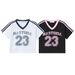 Sexy Cropped V-Neck Sports Jersey Top For Women - High Waist Striped & Distressed Print Slim Fit T-Shirt (Black/White, S-L)_ecoleips.com
