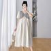 Summer New Korean Fashion Puff Short Sleeve V-Neck Striped Patchwork Maternity Dress_ecoleips.com