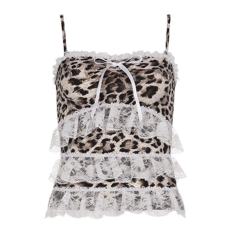 Women's Clothing Hot Girl Leopard Print Camisole Summer Retro Sexy Slim Bow Top_ecoleips.com
