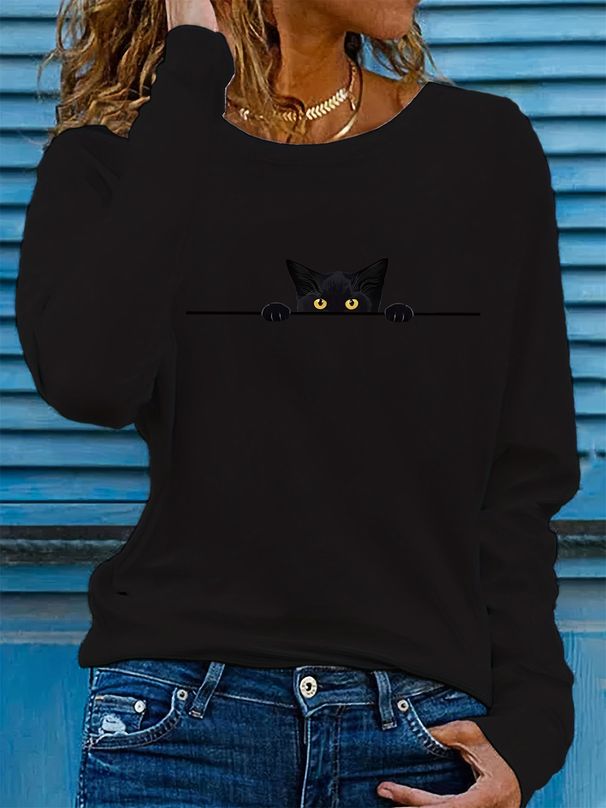 100% Pure Cotton Women's Spring And Autumn Comfortable Casual Fashion Long Sleeved Cat Graphic Printed Round Neck T-shirt_ecoleips.com