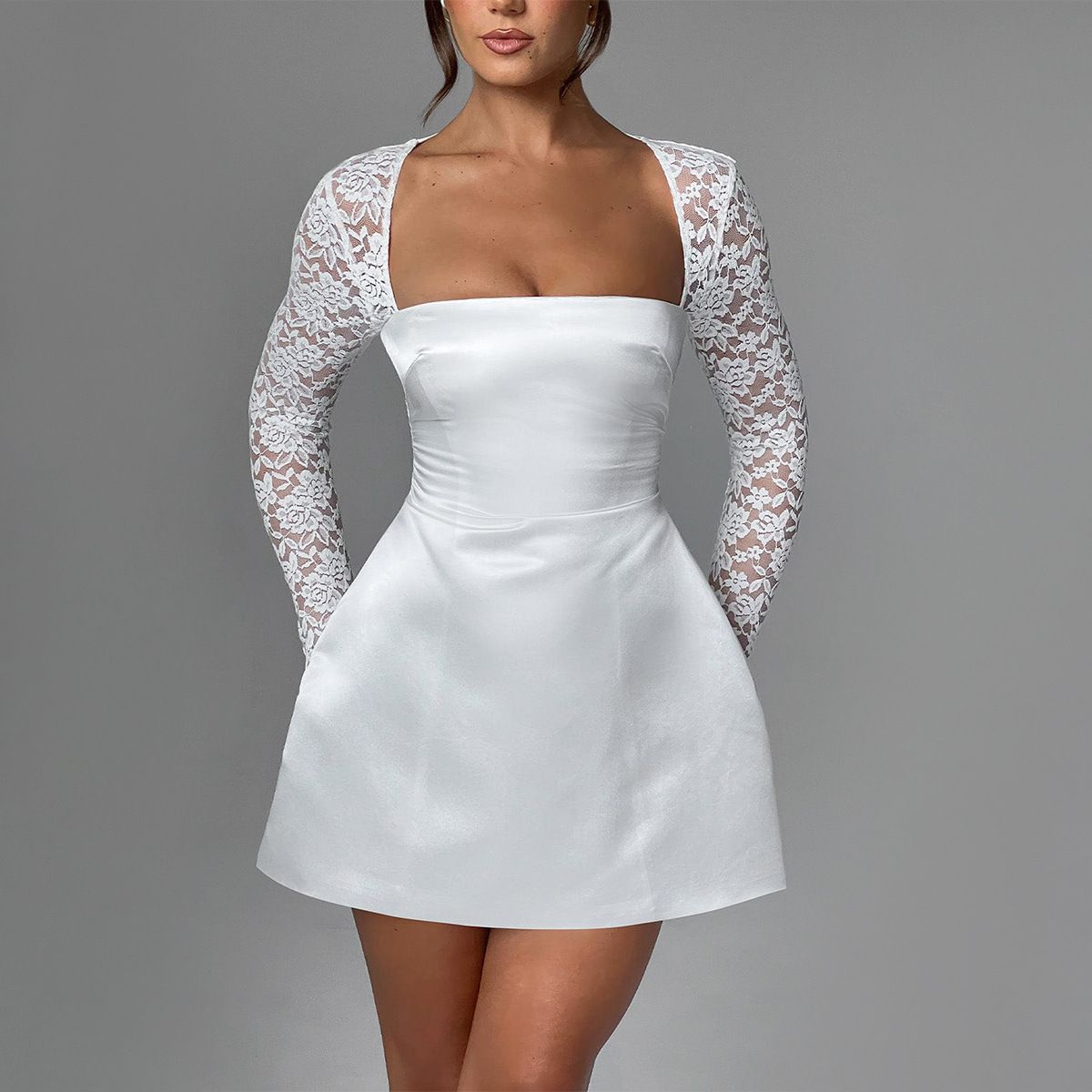 Women's Slim A-Line Dress Lace Trimmed Sexy Alluring Clothing_ecoleips.com