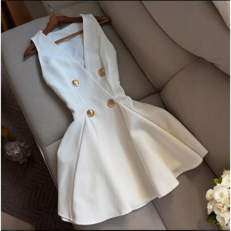 Elegant V-Neck Sleeveless Button-Down Mini Dress - Summer A-Line Skirt With High Waist In White & Black (XS-XXL)_ecoleips.com