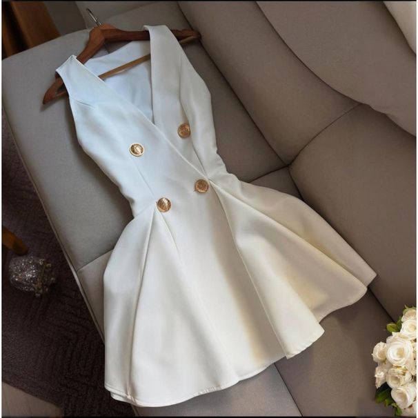 Elegant V-Neck Sleeveless Button-Down Mini Dress - Summer A-Line Skirt With High Waist In White & Black (XS-XXL)_ecoleips.com