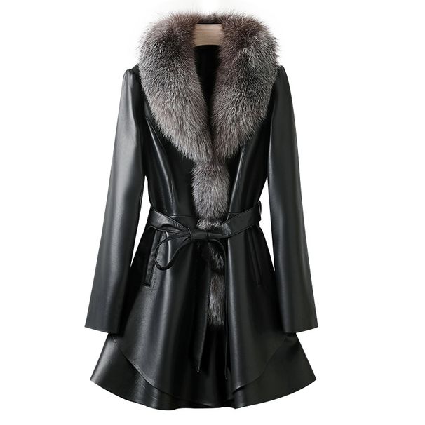 Elegant Long Shearling Leather Coat With Silver Fox Fur Collar – Slim Fit Belted Trench Coat For Women (S-XXL)_ecoleips.com