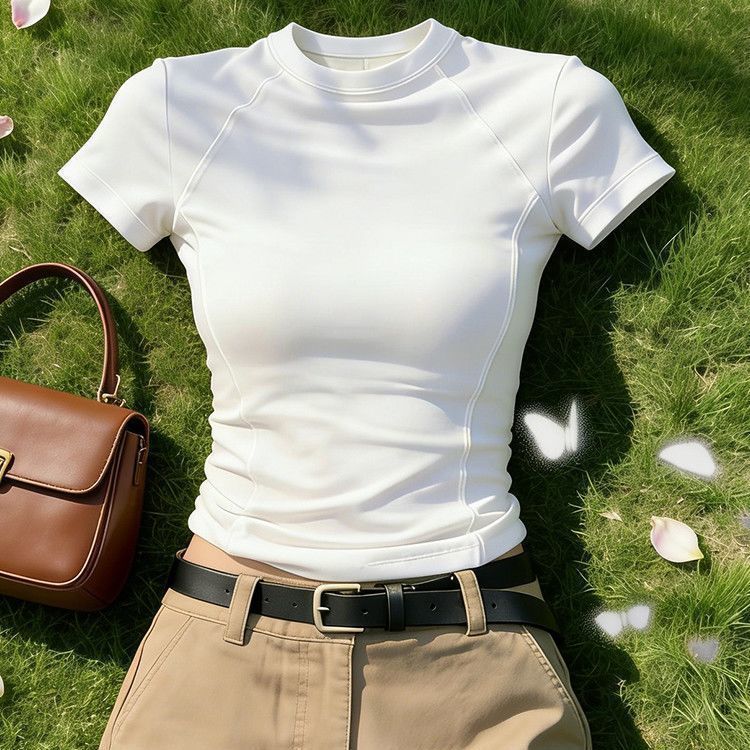 Pretty Slim Fit Short White T-Shirt Fishbone Line Design Short Sleeved Trendy Top for Women Sexy New Summer Style_ecoleips.com