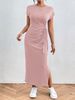 Women's Clothing Elegant Striped Bodycon Midi Dress With Side Slit And Round Neck For Women_ecoleips.com