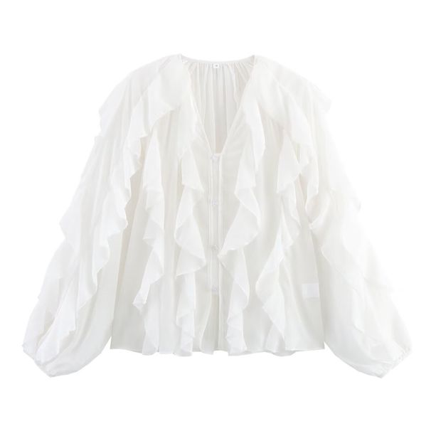 Layered Ruffle V-Neck Blouse – Oversized Boho Chic Shirt With Eco-Conscious Fabric For Women_ecoleips.com