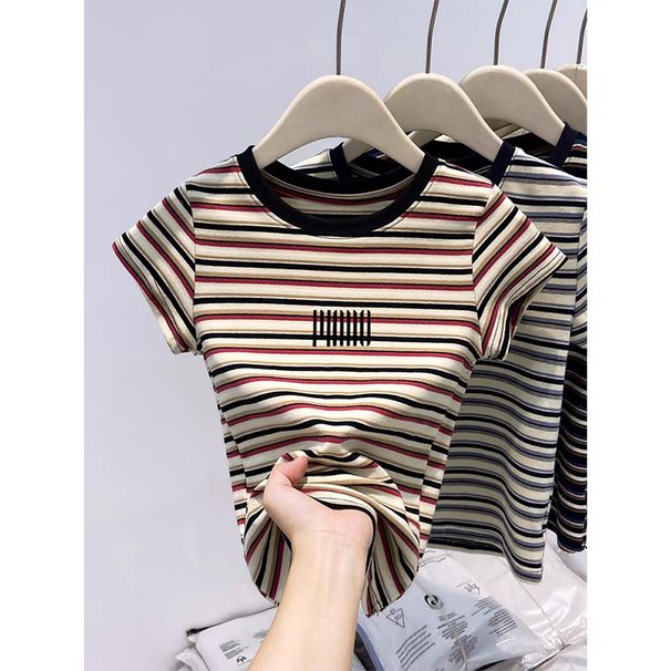 Color-Block Striped Short Sleeve T-Shirt – Structured Shoulder, 100% Cotton & Slim Fit (Women’s Casual & Office Wear)_ecoleips.com