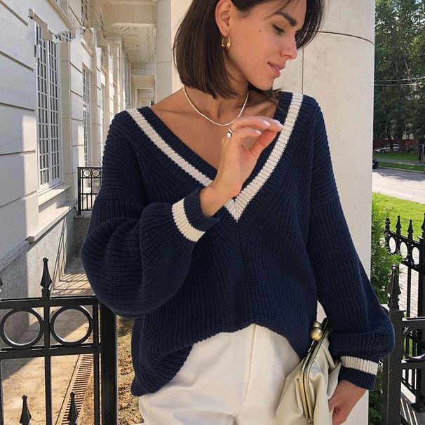 Stylish Oversized V-Neck Color Block Sweater For Women - Soft Acrylic Knit Long Sleeve Pullover_ecoleips.com
