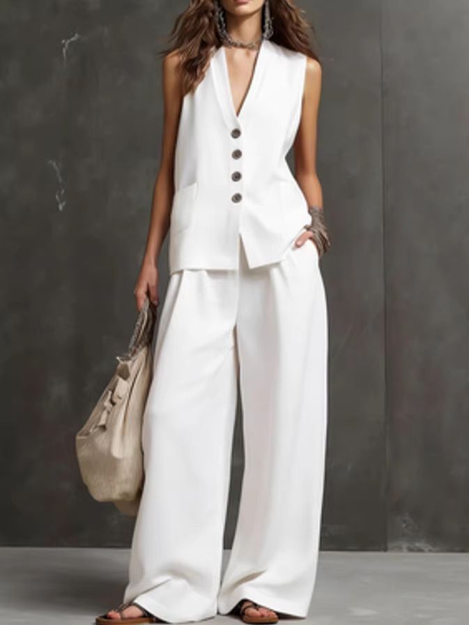 Women's Cotton Linen Two Piece Set Sleeveless Vest And Wide Leg Pants Casual Comfortable Spring Summer Autumn Outfit_ecoleips.com
