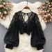 Slimming Short Crochet Lace Top Women's Backless Lace up Korean Fashion Chic Versatile New Autumn Style See through Blouse_ecoleips.com
