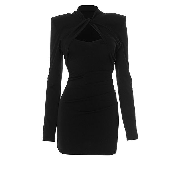Fashion Autumn Sexy Women Slim Fit Long Sleeve Dress Party Elegant Hollow Out Short Evening Dress Spring Mock Neck Clothing_ecoleips.com