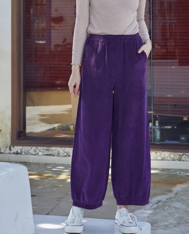 Women's Slimming Elastic Waist Casual Pants Purple Loose Fitting Versatile Comfortable Bottoms_ecoleips.com