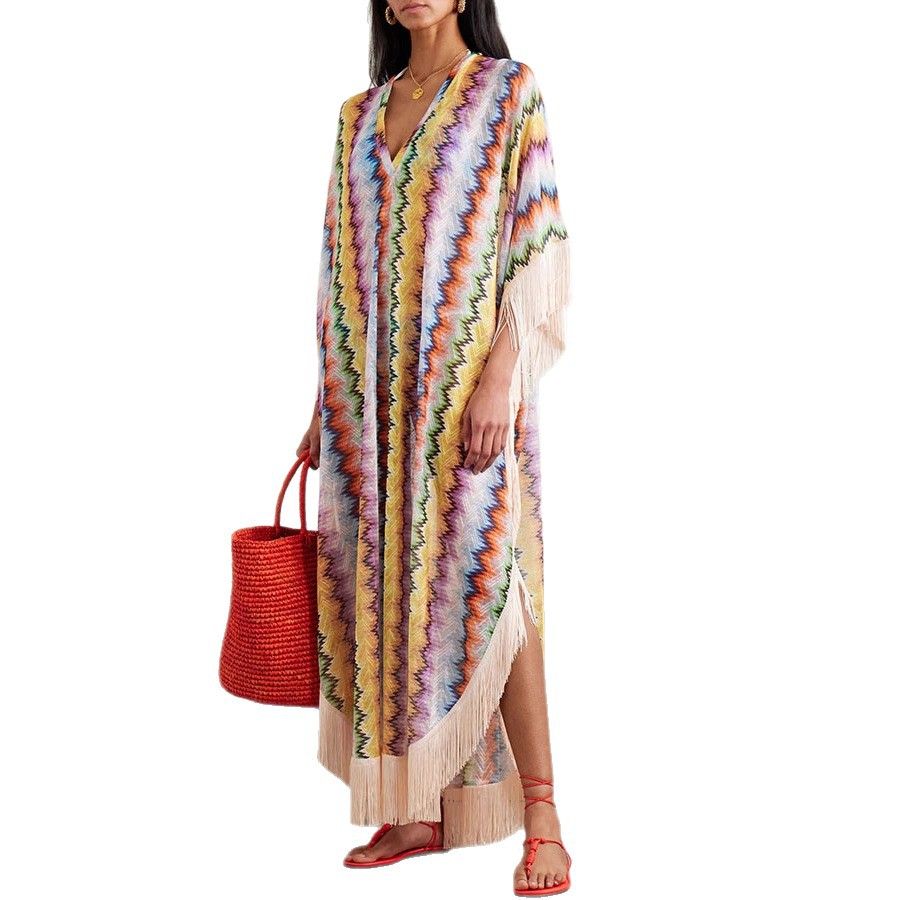 Women's Bohemian Fringe Tunic Dress | Flowy Sleeve Cover-Up | Beach Vacation Maxi Dress_ecoleips.com