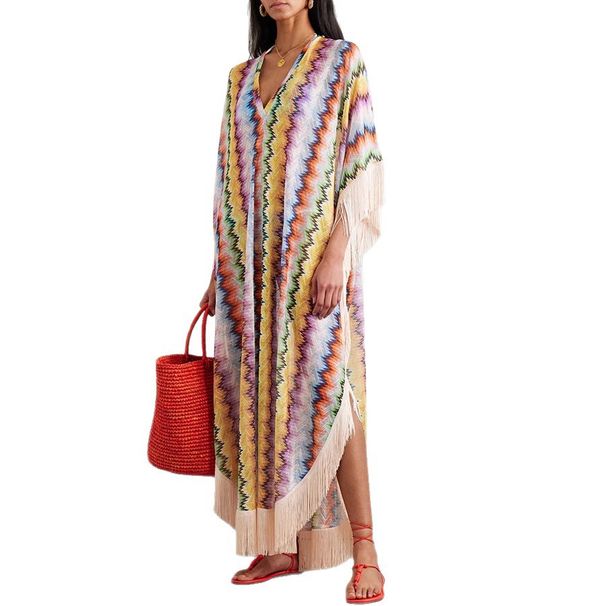 Women's Bohemian Fringe Tunic Dress | Flowy Sleeve Cover-Up | Beach Vacation Maxi Dress_ecoleips.com