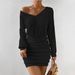 Ribbed Velvet Bodycon Dress – V-Neck Long Sleeve Wrap Waist Mini Dress In Black & Beige_ecoleips.com