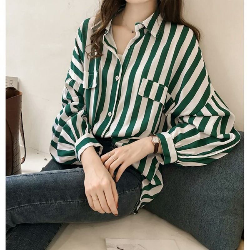 Women's Loose Plus Size Striped Shirt Women's Long Sleeve Top Thin Jacket Wholesale_ecoleips.com
