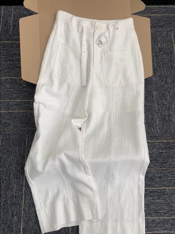 Women's Clothing Relaxed Old Money Style Minimalist White Linen High End Casual Wide Leg Trousers_ecoleips.com