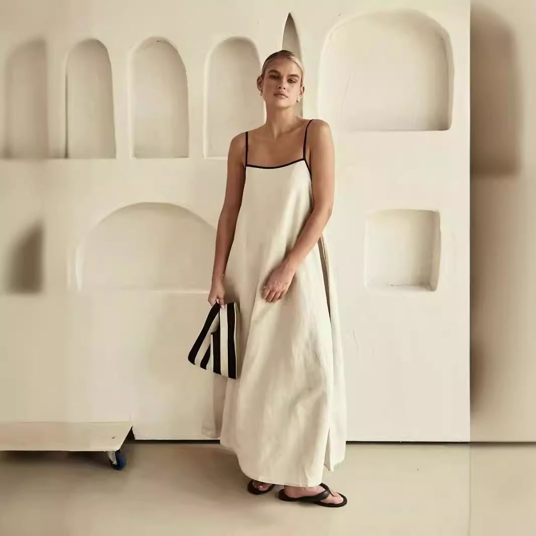 Women's Clothing Spring Summer Fashion Contrast Color Cotton Linen Blend Women's Sling Dress Swing Style New Arrival_ecoleips.com