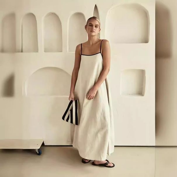 Women's Clothing Spring Summer Fashion Contrast Color Cotton Linen Blend Women's Sling Dress Swing Style New Arrival_ecoleips.com