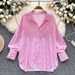 Women's Classic Striped Button-Down Shirt Versatile Crew Neck Blouse Long Sleeves Pink Black Yellow Light Blue Khaki Navy_ecoleips.com